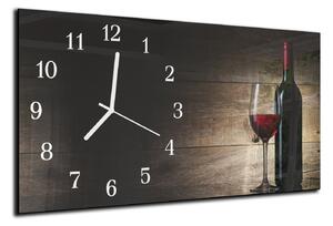 Nástěnné hodiny 30x60cm láhev a sklenice červené víno u dřeva - plexi