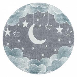 Dětský koberec Funny měsíc nad oblaky modrý / šedý, kruh