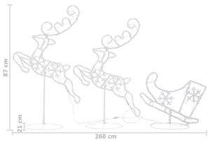 Akryloví vánoční létající sobi a sáně - 260x21x87cm | studená bílá