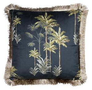 Černý sametový polštář s palmami a třásňovitým lemem - 45*45*10cm