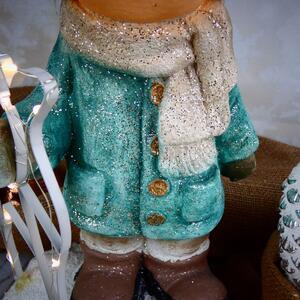 Zimní figurka dítěte- chlapeček v zeleném kabátku s LED sobem, 39 cm