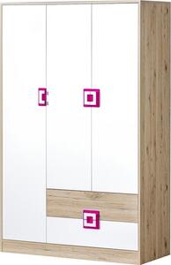Casarredo Dětská šatní skříň NIKO 3, 3-dveřová, dub jasný/bílá/růžová