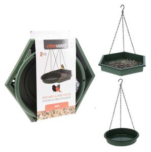 Závěsné krmítko + napajedlo pro ptáky Duo, 45x28 cm+43x25 cm, plast, zelená