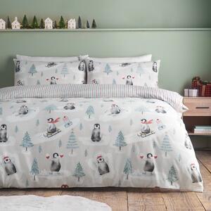Flanelové povlečení na dvoulůžko v přírodní barvě 230x220 cm Brushed Christmas Penguins – Catherine Lansfield