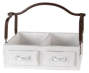 Bílý dřevěný retro box se dvěmi přihrádkami a kovovým uchem - 41*19*29 cm