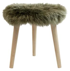 Dřevěná kulatá stolička se šedo - zeleným sedákem z ovčí kůže - Ø 36*45cm