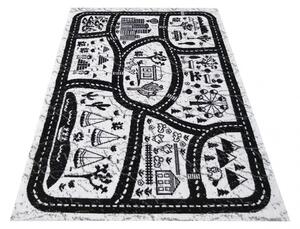 Černo bílý dětský koberec s motivem města Šířka: 80 cm | Délka: 150 cm