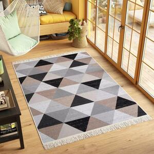 Makro Abra Kusový koberec bavlněný oboustranný AZTECA 2707 Trojúhelníky béžový černý krémový s třásněmi Rozměr: 60x110 cm