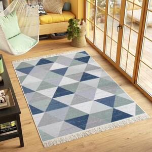 Makro Abra Kusový koberec bavlněný oboustranný AZTECA 2709 geometrický modrý zelený šedý s třásněmi Rozměr: 60x110 cm