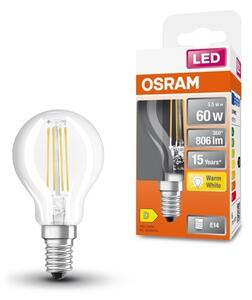 Průhledná LED žárovka E14 5,5 W CLASSIC P, teplá bílá