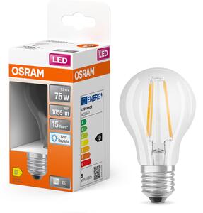 Průhledná LED žárovka E27 6,5 W CLASSIC A, studená denní bílá