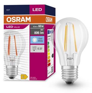 Průhledná LED žárovka E27 6.5 W CLASSIC A, studená bílá