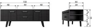 Hoorns Černý borovicový TV stolek Bullet 150x44 cm