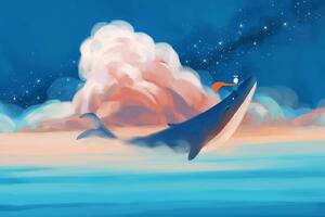 DIMEX | Vliesová fototapeta Dítě jede na velrybě MS-5-1441 | 375 x 250 cm| modrá, oranžová, růžová