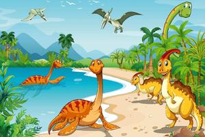 DIMEX | Vliesová fototapeta Dinosauři na pláži MS-5-1461 | 375 x 250 cm| zelená, modrá, oranžová
