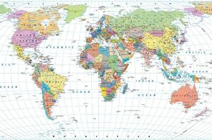 DIMEX | Vliesová fototapeta Podrobná mapa světa MS-5-1505 | 375 x 250 cm| zelená, modrá, bílá, žlutá, růžová