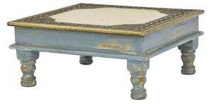 Čajový stolek z mangového dřeva šedo-modrá patina, mosazné kování, 38x38x17cm