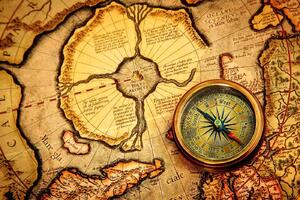 DIMEX | Vliesová fototapeta Vintage Compass and Map MS-5-1553 | 375 x 250 cm| béžová, žlutá, hnědá