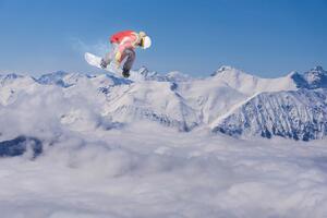 DIMEX | Vliesová fototapeta Letící snowboardista na horách MS-5-1569 | 375 x 250 cm| modrá, bílá
