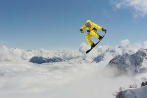 DIMEX | Vliesová fototapeta Skákání snowboardisty MS-5-1574 | 375 x 250 cm| modrá, bílá, černá, žlutá