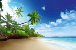 DIMEX | Vliesová fototapeta Seychelská pláž MS-5-1764 | 375 x 250 cm| zelená, modrá, bílá, krémová
