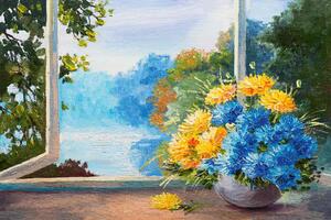 DIMEX | Vliesová fototapeta Malba - Modré květiny MS-5-2002 | 375 x 250 cm| zelená, modrá, žlutá, hnědá