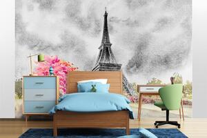 DIMEX | Vliesová fototapeta Malba - Eiffelova věž MS-5-2019 | 375 x 250 cm| bílá, černá, šedá, růžová