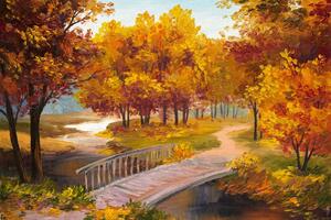 DIMEX | Vliesová fototapeta Malba - Podzimní les s řekou MS-5-2035 | 375 x 250 cm| zelená, žlutá, oranžová, hnědá