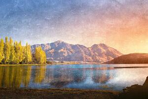 DIMEX | Vliesová fototapeta Malba - Horské jezero MS-5-2039 | 375 x 250 cm| zelená, modrá, oranžová, hnědá
