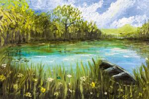 DIMEX | Vliesová fototapeta Malba - Loďka na jezeře MS-5-2041 | 375 x 250 cm| zelená, modrá, bílá, šedá