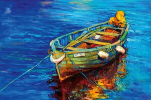 DIMEX | Vliesová fototapeta Malba - Loďka na moři MS-5-2036 | 375 x 250 cm| zelená, modrá, oranžová