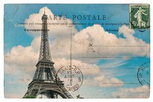DIMEX | Vliesová fototapeta Starožitná francouzská pohlednice MS-5-2080 | 375 x 250 cm| modrá, bílá, hnědá