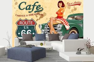 DIMEX | Vliesová fototapeta Plakát Café Route 66 MS-5-2086 | 375 x 250 cm| zelená, červená, žlutá, oranžová