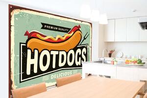 DIMEX | Vliesová fototapeta Cedule - Hot dog MS-5-2097 | 375 x 250 cm| modrá, bílá, černá, oranžová