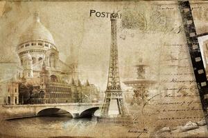 DIMEX | Vliesová fototapeta Retro pařížská pohlednice MS-5-2132 | 375 x 250 cm| béžová, černá, hnědá