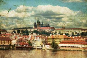 DIMEX | Vliesová fototapeta Retro pohlednice - Praha MS-5-2134 | 375 x 250 cm| modrá, červená, bílá, hnědá
