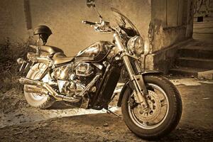 DIMEX | Vliesová fototapeta Vintage motorka MS-5-2155 | 375 x 250 cm| béžová, černá, žlutá