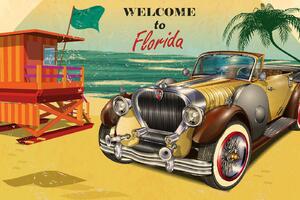 DIMEX | Vliesová fototapeta Florida retro plakát MS-5-2173 | 375 x 250 cm| zelená, červená, žlutá, hnědá