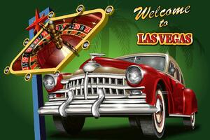 DIMEX | Vliesová fototapeta Retro plakát Las Vegas MS-5-2178 | 375 x 250 cm| zelená, modrá, červená, žlutá, metalická