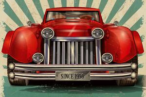 DIMEX | Vliesová fototapeta Vintage plakát automobil MS-5-2214 | 375 x 250 cm| zelená, červená, béžová, metalická
