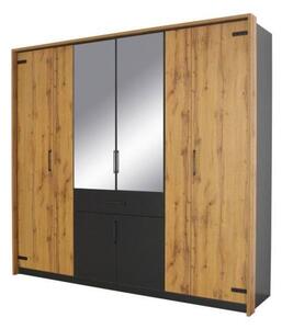 Šatní skříň ADDISON dub wotan/ šedá, 8 dveří, 2 zrcadla, 1 zásuvka
