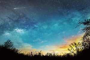 DIMEX | Vliesová fototapeta Noční obloha MS-5-2288 | 375 x 250 cm| modrá, černá, žlutá, oranžová