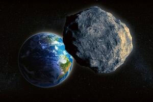 DIMEX | Vliesová fototapeta Velký asteroid MS-5-2303 | 375 x 250 cm| zelená, modrá, černá, šedá