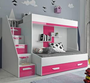 Dvoupatrová postel PARTY 16 - bílá/růžová-lesk