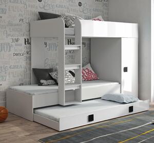 Dvoupatrová postel s přistýlkou TOLEDO 2 - bílá/bílá-lesk-černé úchyty