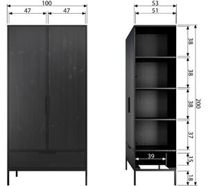 Hoorns Černá borovicová šatní skříň Mutas 200 x 100 cm
