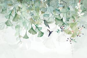 Tapeta zelené listy s kolibříky