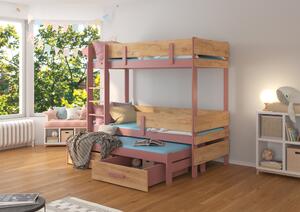 Patrová postel pro 3 děti Ende, 200x90cm, dub/růžová