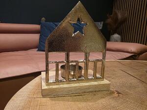 Svícen domek hliník a dřevo zlatý | na čajovou svíčku 130×80×190 / 150×80×160 mm Velikost: se třemi okny