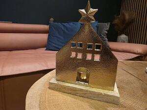 Svícen domek hliník a dřevo zlatý | na čajovou svíčku 130×80×190 / 150×80×160 mm Velikost: s hvězdičkou na střeše